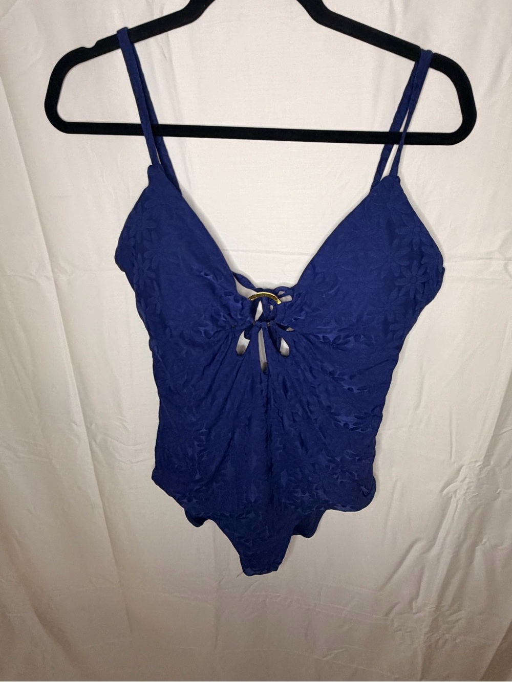 Trina Turk Cobalt Blue Floral Lace-Texture One-Piece Swimsuit with Ring Tie